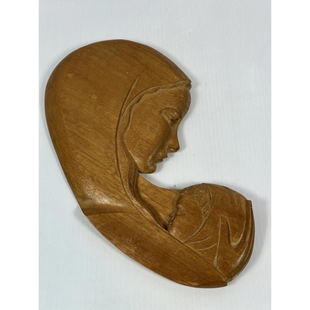Vintage Wooden Hand Carved Madonna And Child Wall Hanging Claude Bounyautt